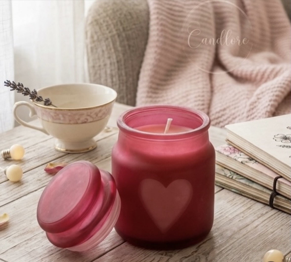 The Love Candle glowing in its heart-cut pink jar